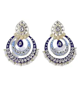 KRELIN Kundan Meenakari Chandbali Earrings With Pearl For Women & Girls (Blue)