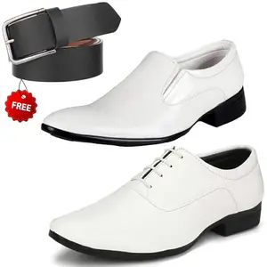 Attractive Formal Shoes/Party Shoes/ 2 Shoes Combo with Free Belt for Men and Boys (BAZAAR8293_VTR006-Wht-2004-Wht) Multicolor