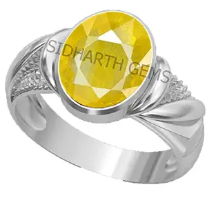 SIDHGEMS 13.00 Carat Unheated Untreatet A+ Quality Natural Yellow Sapphire Pukhraj Gemstone Silver Plated Ring for Women's and Men's (Lab Certified)