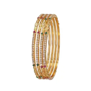Brass American Diamond Micro Gold Plated Bangle Set of 4 | Elegant Traditional Bangles for Women & Girls (B-5038) (2.4)