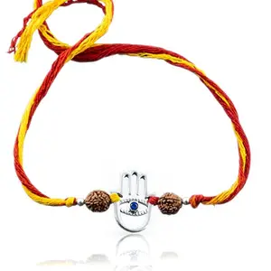FOURSEVEN Jewellery 925 Sterling Silver Evil Eye Hamsa Silver Floating Pendant with Rudraksha Moli Rakhi Bracelet for Men and Women (Raksha Bandhan Rakhi for Brother with Roli Chawal)