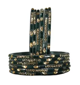 The Golden Cascade Traditional Design Glass Bangles for Women | Handcrafted with Beads & Stone Studded Chudi Set for Ladies (Dark Green, 2.4)