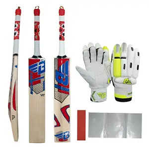 BHAJJI Kashmiri Willow Cricket BAT T20 5.0, BHAJJI Batting Gloves 909 Mens and Batting PAD 202 and BAT Care KIT Including Fibre Tape Along with Toe Guard
