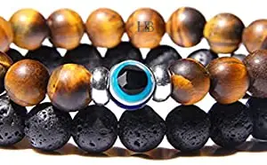 Hot And Bold Evil Eye/Nazar-iya Natural Tigers Eye & Lava Rock Triple Protection Gemstones Crystal Beads Combo Bracelets.