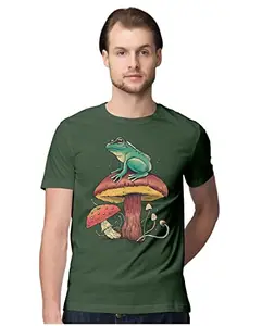 ALLEN BLACK Men's Regular Fit T-Shirt Forest Frog Perched ATOP A Mushroom 100% Cotton T-Shirt Olive Green_FORFRGPMEN-Olive Green S Men Round_