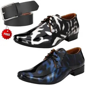 Fashionable Trendy Formal Shoes/Party Shoes/ 2 Shoes Combo with Free Belt for Men and Boys (BAZAAR9281_VTR01-Blk-Blu01-Blk-Slvr-1-Blk) Multicolor