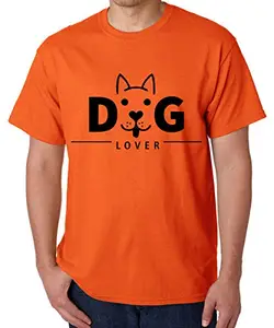 Caseria Men's Round Neck Cotton Half Sleeved T-Shirt with Printed Graphics - Dog Lover Pattern (Orange, SM)