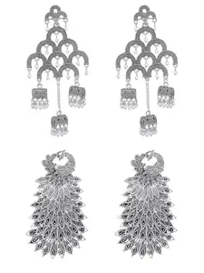 PRIVIU Set Of 2 Silver Oxidised Jhumka & Peacock Earrings For Women & Girls