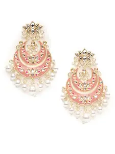 Karatcart Gold Plated Pink Meena Lotus Design Pearl Studded Chandbali Earrings for Women