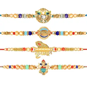 De Marquis Designer Rakhi Combo Set of 4, Rakhi for Brother, Roli-Chawal Pack, Greeting Card (4 Different Patterns Rakhis Set)