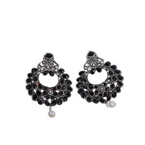 Black Stone studded Intricate Earrings with Hanging Baby Pearl