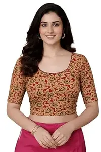 Amazon Brand - Anarva Women's Kalamkari Print Cotton Stretchable Round Neck Readymade Saree Blouse