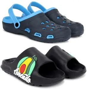 Pampy Angel Combo Pack of 2 Slipper/Flip Flops/Slides/Clogs/Sandals with Adjustable Back Strap for Men,(Cl-Shell-Blue,Y-To-Avcdo-Black),9 (UK/India)