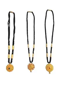 Traditional Small Mangalsutra Black Beaded Necklace Set with Gold-Plated Pendant, Pack of 3