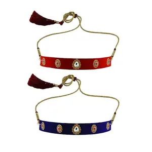 MAYA FASHION Multi Colour Kundun Stud Velvet Kanthi Rajasthani Kanthi Necklace for Girls & Women | Handmade Rajputi Jewelry | Brass Finish | Handcrafted Kanthi (Sku-nec5935)