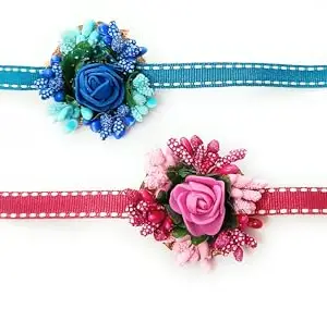CRAnsh Creations;Crafted with Love Handmade Flower Floral bracelets with ribbon to tie for women girls for haldi mehndi baby shower wedding friendship day rakhi lumba Pack of 2 pc (Blue pink roses)