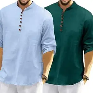 FINIVO FASHION Combo of Men’s Casual Full Sleeve Kurta Style Shirt with Button Placket, Lightweight Breathable Fabric, Regular Fit Ethnic Fusion Wear for Daily & Festive Use Pack of 2