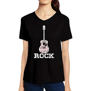 Women's Regular Fit Rock Cotton Printed V Neck Half Sleeves Multicolour Tshirt. Tops, Gym, Guitar, Exercise,Trending, Sound, Music Tshirts (BZ_TVP-Female-XXXL-Music-114-Black)