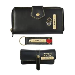 Your Gift Studio Customised Lady Wallet 3 in 1 Gift Set | Personalized Lady Wallet, Eyewear Case & Keychain with Name & Charm | Personalised Gift for Women | Gifts for Women (Black)