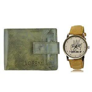 LOREM Combo of Beige Wrist Watch & Green Color Artificial Leather Wallet (Fz-Wl22-Lr30)