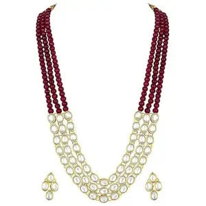 I Jewels Gold Plated Traditional Stunning White Kundan Studded Layered Pearl Necklace Jewellery Set with Earrings For Women/Girls (IJ376) (Maroon)