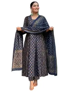 ANNI Designer Women's Viscose Printed A-Line Kurta Set with Pant and Dupatta | Ethnic Wear Dress | V-Neck | 3/4 Sleeve Indian Traditional Outfit for Women