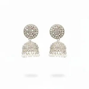 White Stone and Pearl Jhumka Earrings for Women and Girls