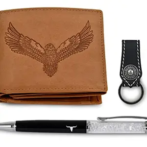 URBAN FOREST Zylo Vintage Cognac Leather Wallet + Keychain + Pen Combo Gift Set for Men