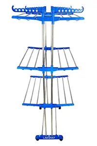 SUNDEX Made in India Life Time Use 3 Tier Extra Heavy Duty Stainless Steel Floor Cloth Dryer Stand Racks Hanger (Royel Blue)