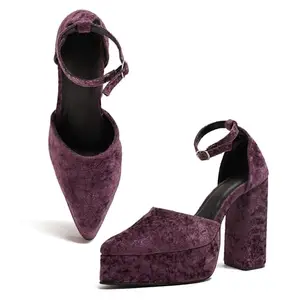 FROH FEET Velvet Block Heels with Ankle Strap and stylish comfort for women - Purple