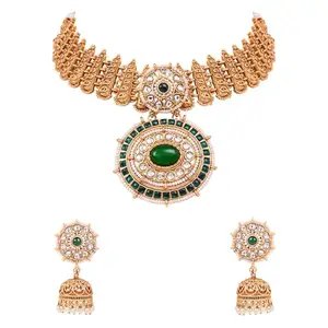 I Jewels Gold Plated Traditional Round Motif Choker Necklace Set with Jhumka Earrings for Women (Green)