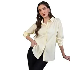 Urbano Fashion Women's Cotton Full Sleeve Oversized Fit Casual Solid Slub Shirt with Spread Collar