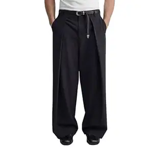 FUGAZEE 100% Cotton Black Pleated Tailored Trousers | Straight Relaxed Fit