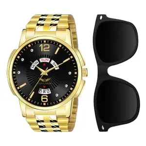 Combo Set of Gold Plated Day & Date Watch with Sunglass for Boys Analog Watch - for Men (LCS-9157)