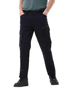Tailoraedge Men's Utility Cargo Pants with Regular Fit 7-Pocket Navy Blue 98% Cotton 2% Lycra Blend Trousers for Stylish Comfort|Mid Rise
