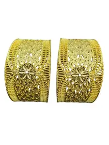 Traditional Gold-Plated Wide Bangles with Floral Design, Indian Wedding Jewellery, Set of 2