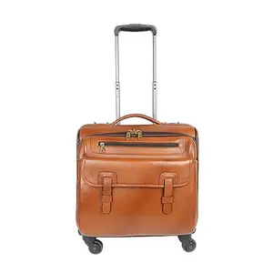 Charpe Leather 4 Spin Wheel Weekender Travel Cabin Size Laptop Trolley Bag | Men Women (Tan)