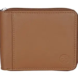 MOZIX Bi Fold Slim & Light Weight RFID Protected Genuine Leather Zipper Wallet for Men -Tan
