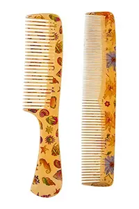FYNX Stylish Regular Hair Combs (Kangi or Kanga) for Kids, Men & Women, Pack of 2- (Orange Flower Printed)