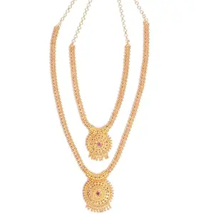 Micro Gold Plated Necklace Haram Jewellery (Gold+ Copper+Zinc+ Brass), Traditional Jewellery Ruby Stone Necklace and Haram Set for Women. WARRANTY for six months.