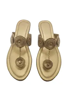 HOOSHOE Women's Jaipuri Fashion Slipper Trendy Flats Fancy/Outdoor Slippers-GOLD