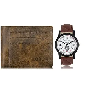 LOREM Combo of Tan Wrist Watch & Brown Color Artificial Leather Wallet (Fz-Wl19-Lr11)