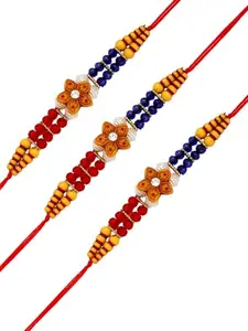 Adiva Pack of 3 Floral Stone & Beads Handmade Rakhi Gift Set, Rakhi for Brother for Raksha Bandhan with Pooja Thali & Roli Chawal Bag