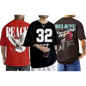 ENCIGER Men's Oversized Cotton T-Shirt Pack | Drop Shoulder Graphic Printed Casual Streetwear Combo | Baggy Hip-Hop Tshirts