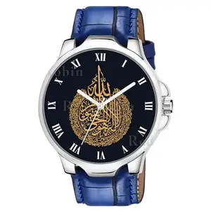 Gadgets World Analogue Ayatulkursi Design Round Dial Latest Fashion Attractive Leather Blue Strap Stylish Wrist Watch for Muslim Men and Boys, Pack of 1 - IW003-ROM-3K-SIL-BLU-CRL