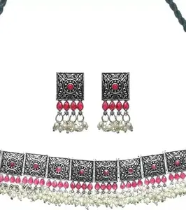 Elegant Maroon 11-Square Oxidized Choker Necklace