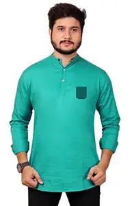 Made in The Shade 100% Cotton Men's Short Kurta with Printed Pocket | Green | XS