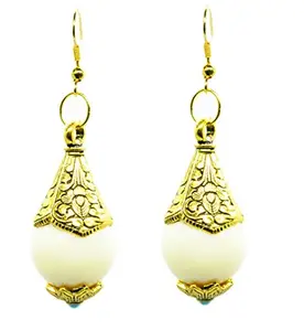 Goelx Antique Oxidized Tibetan Golden Round Glass Bead Earrings in White