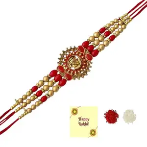 DMS RETAIL Beautiful Handcrafted Kundan Studded Red Ganesha Rakhi With Card For Brother, Rakhi for bhai, Thread,Moli