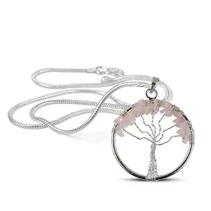 Crystu Natural Rose Quartz Pendant Tree of Life Crystal Stone Pendant/Locket with Metal Chain for Reiki Healing and Crystal Healing Gemstone Size 35-40 mm (Color : Pink)